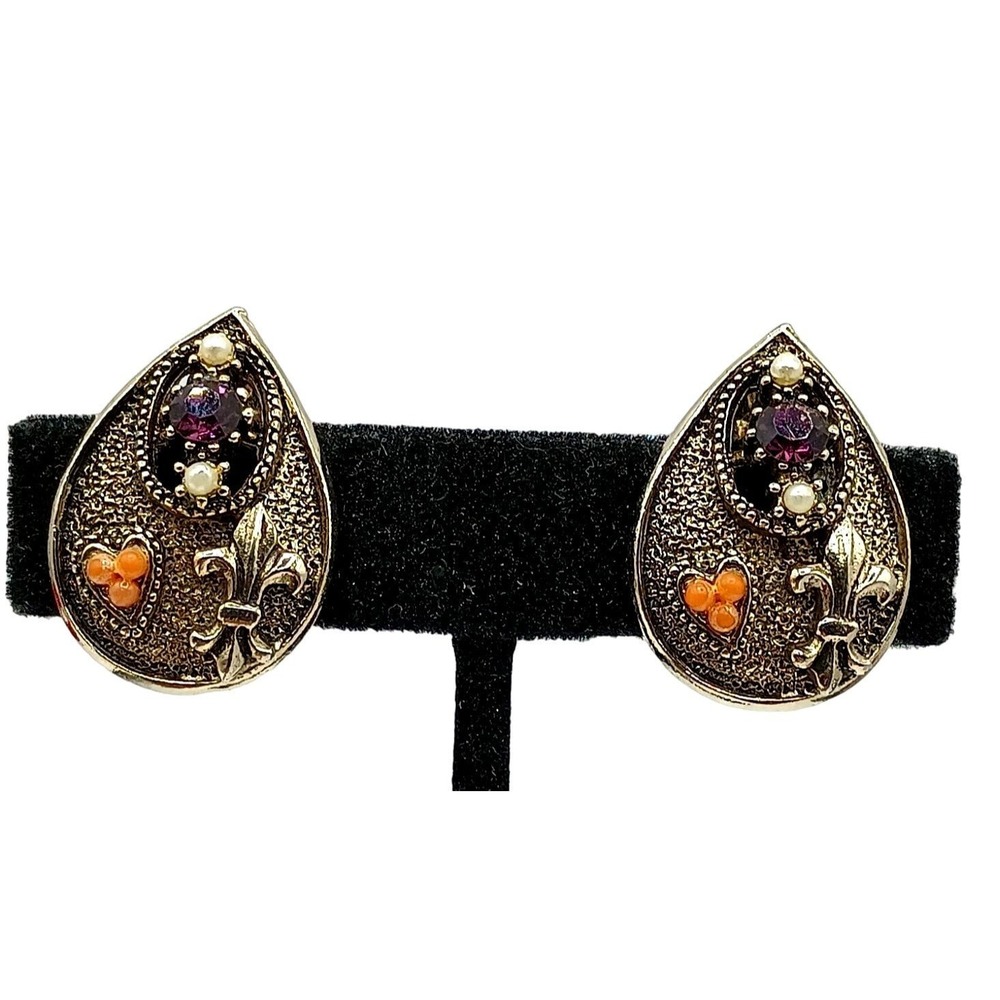 Vintage Rhinestone Earrings Fleur de Lis Faux Coral Heart Imitation Pearls Shiel